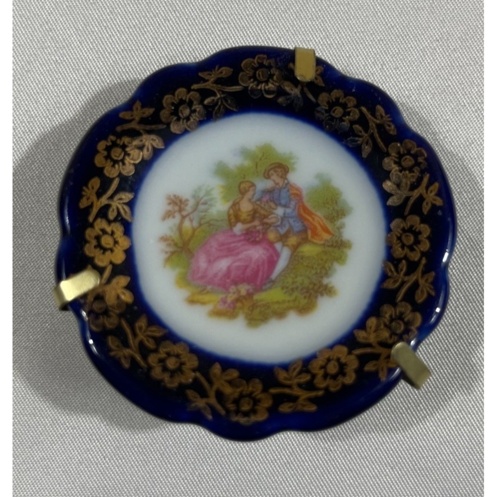 Limoges Castel France Miniature Plate Cobalt Blue Gold Courting Couple 2 inch